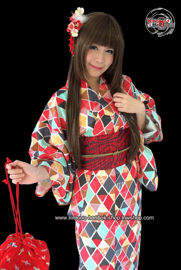 set.ยูกาตะลายเลขาคณิต คู่โอบิสีแดงลาย