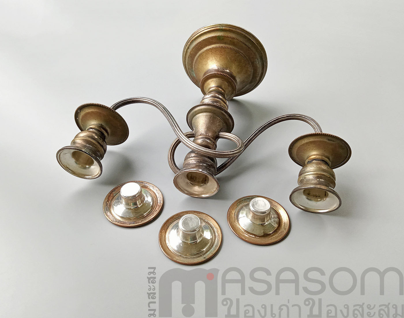 เชิงเทียนทองแดงกะไหล่เงิน