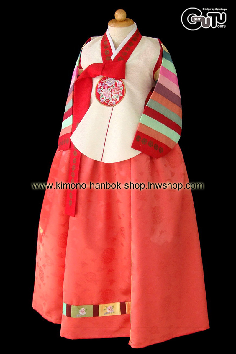 Set.ชุดฮันบกเด็กหญิง(ทังอี)+หมวก โทนสีแดง-ขาว(9 ปี) สูงประมาณ 130cm