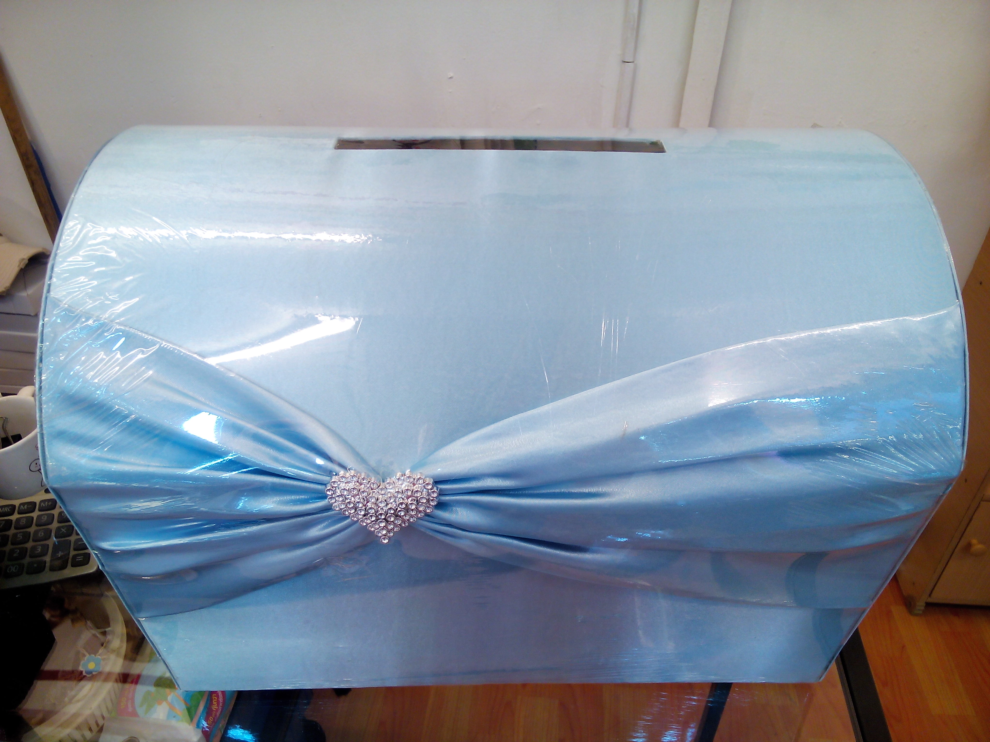 กล่องรับซองหีบสมบัติ หุ้มผ้าไหมสีฟ้า