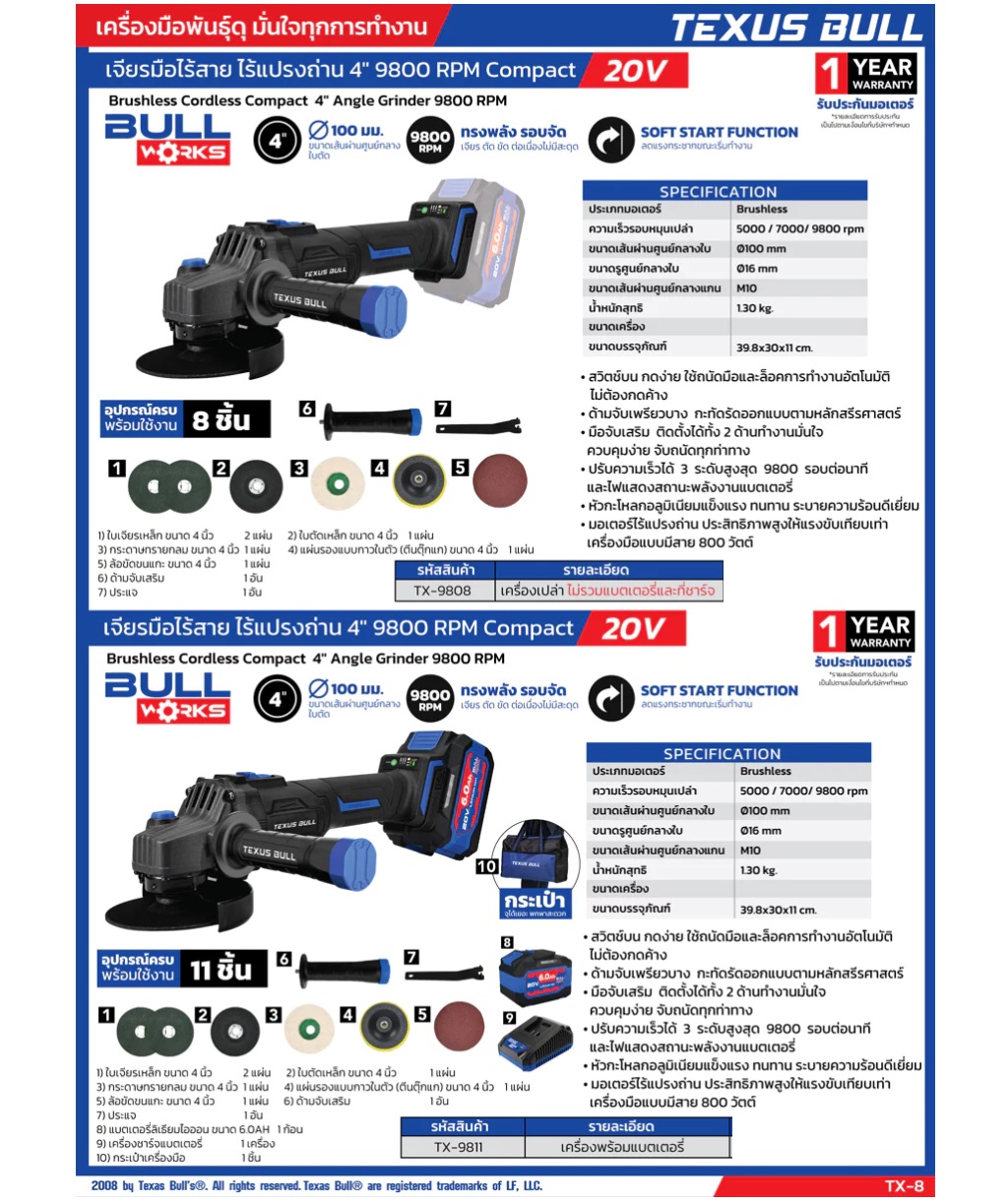 TEXUS BULL เครื่องเจียรมือไร้สาย 4นิ้ว 20V TX-9811 (ครบชุดพร้อมแบต 6.0 Ah)