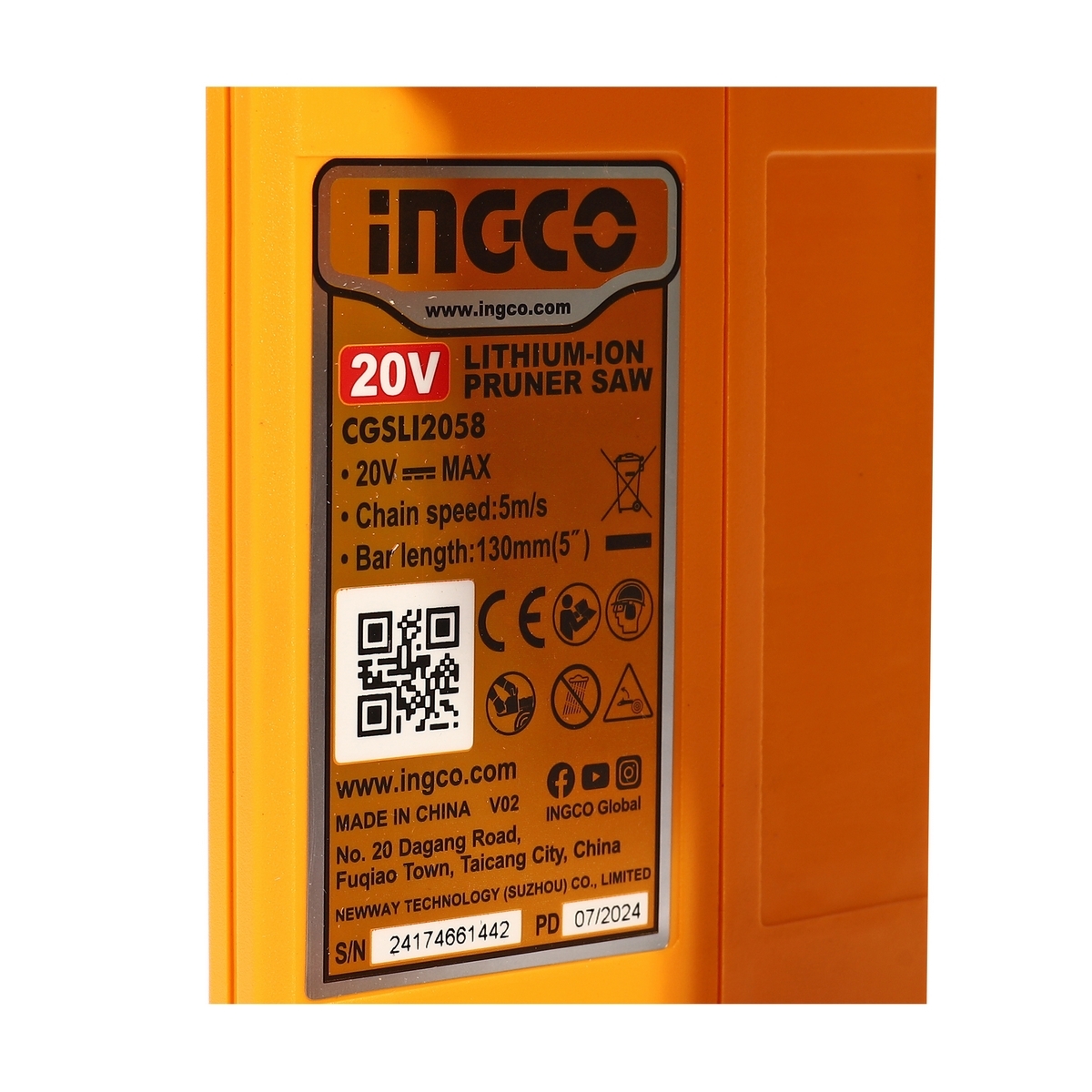 INGCO เลื่อยโซ่ไร้สาย 5" 20V CGSLI2058 (เครื่องเปล่า)