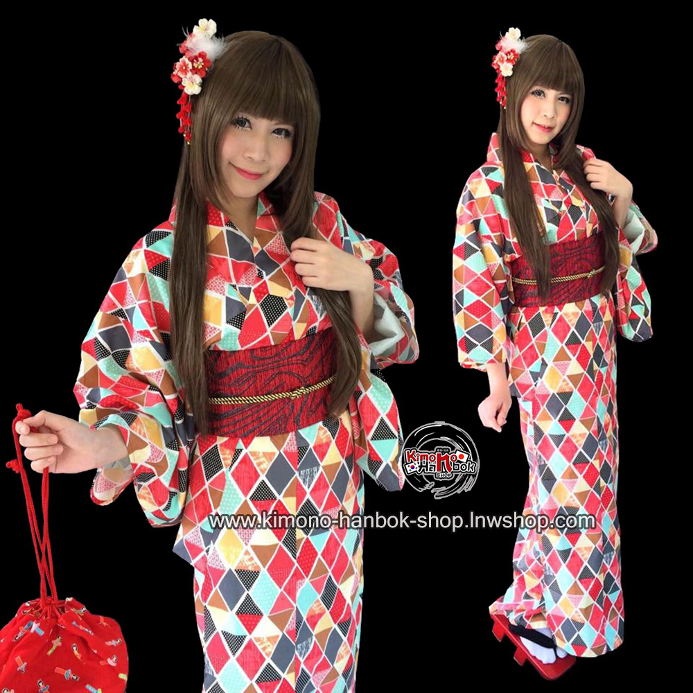 set.ยูกาตะลายเลขาคณิต คู่โอบิสีแดงลาย