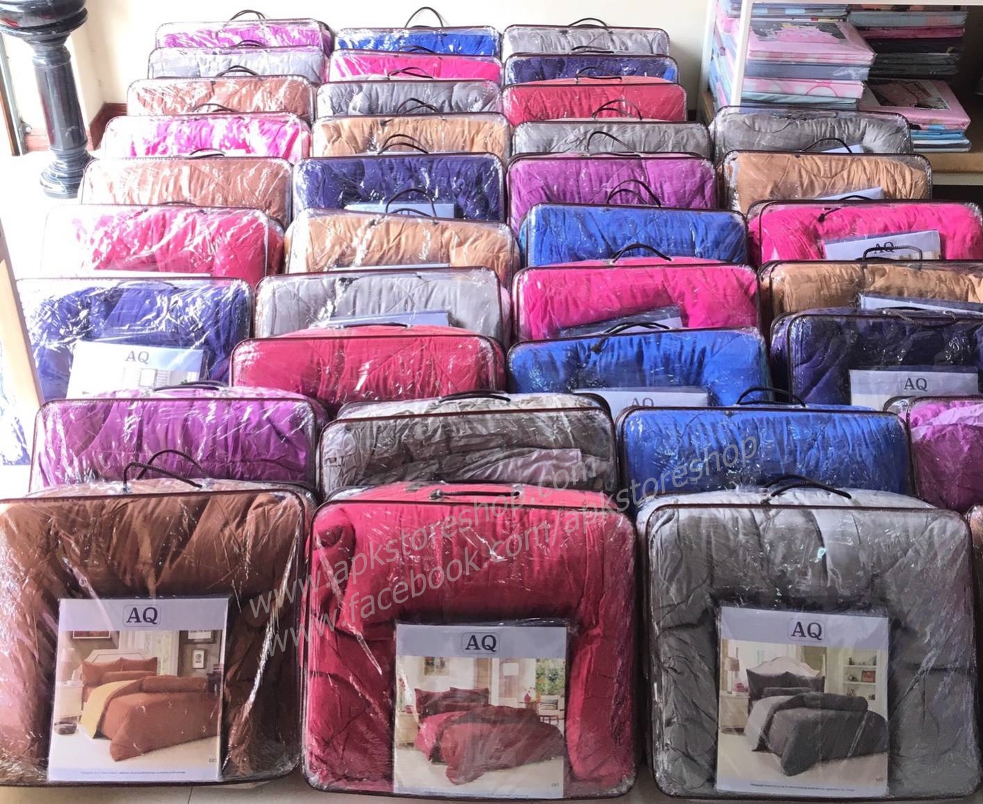 ขายส่ง ชุดผ้าปูที่นอนพร้อมผ้านวม 6ฟุตx6ชิ้น สีพื้น-ลายริ้ว ส่ง 410 บาท