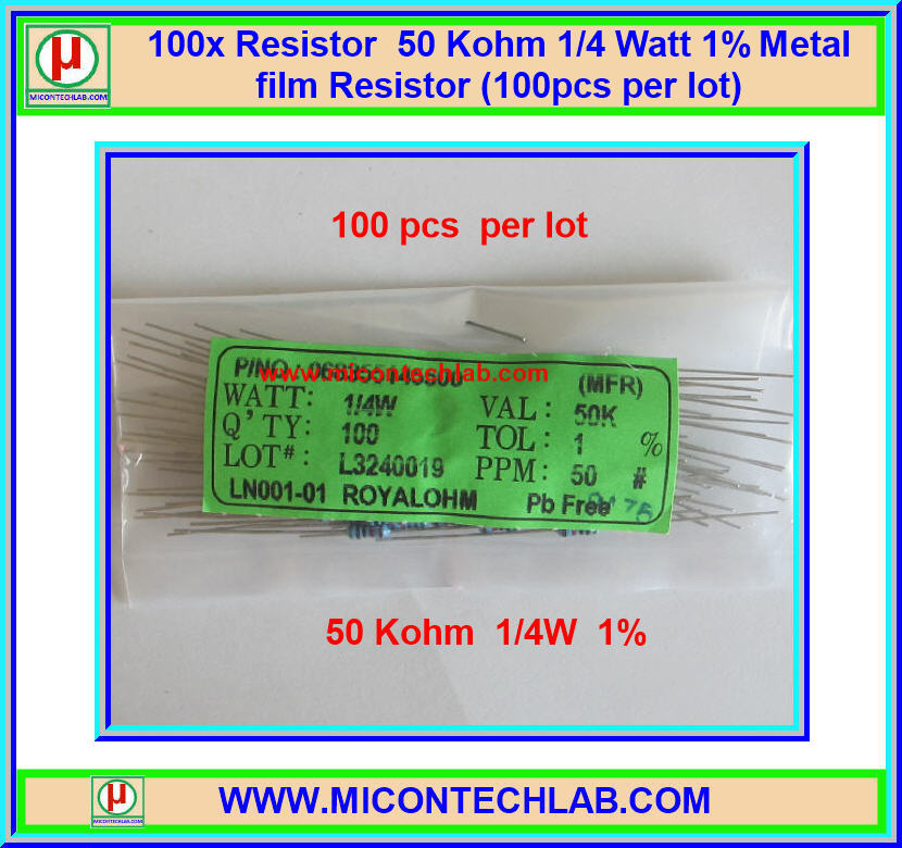 100x Resistor 50 Kohm 1/4 Watt 1% Metal film Resistor (100pcs per lot)