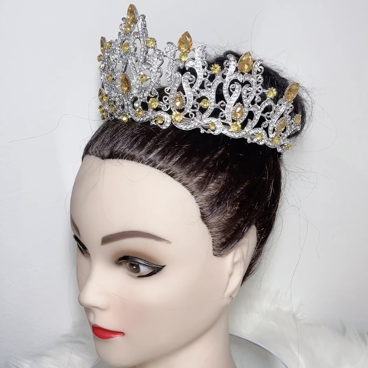 (พร้อมส่งจากไทย) มงกุฏ 114 สีเหลือง มงกุฎนางงาม มงกุฎเพชร สวยงามอลังการ ฐานมงวงกลมปรับได้