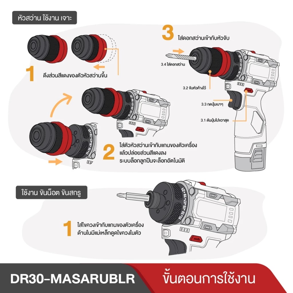MASARU สว่านไร้สาย2 in 1 รุ่น MSR-CD204-B2 สว่านเปลื่ยนหัวได้