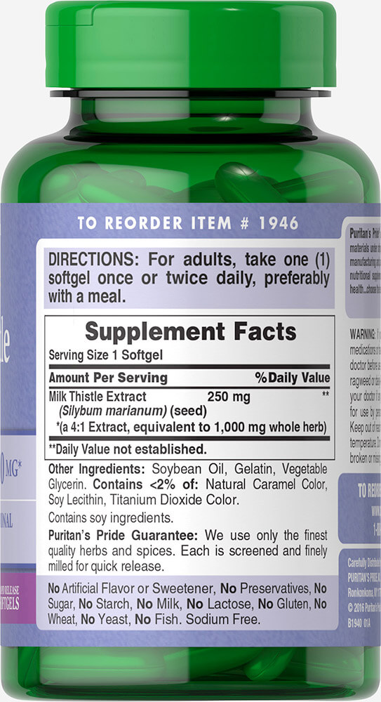 Puritan’s Pride Milk Thistle 4:1 Extract 1000 mg (Silymarin) 180 Softgels