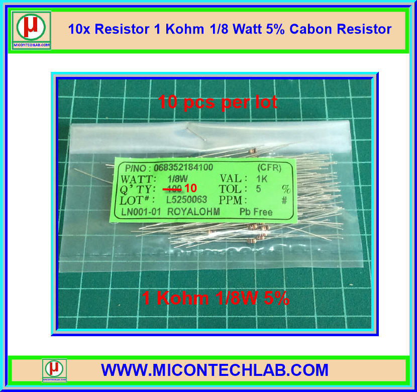 10x Resistor 1 Kohm 1/8 Watt 5% Cabon Resistor