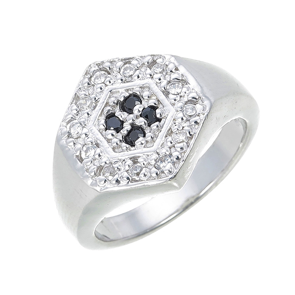 แหวนเงินแท้ ประดับเพชร CZ แหวนทรงหกเหลี่ยมหน้าแหวนฝังเพชรกลมดำ 4 เม็ด ล้อมรอบด้วยเพชรกลมขาว เติมลุคสาวๆให้มั่นใจ