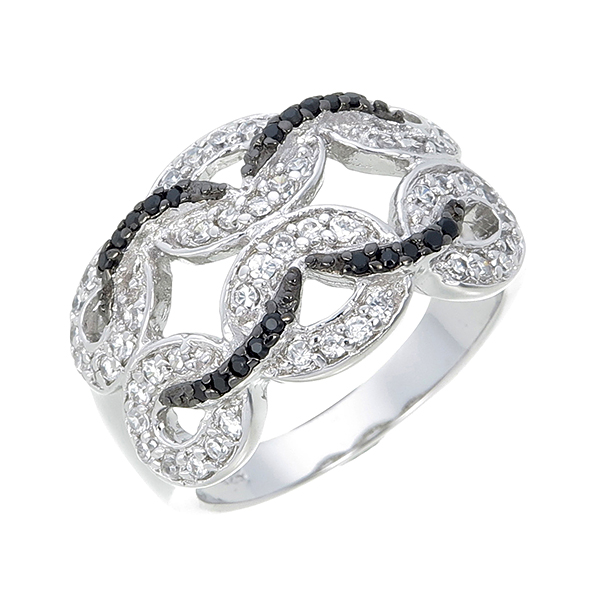 แหวนเพชร ประดับ เพชรCZ แหวนลายเส้นดัดเป็นวงกลม 6 วงฝังเพชรกลมขาว เพิ่มดีเทลหน้าแหวน ลายเส้นดัดวงกลม 2 วง ฝังเพชรกลมดำ ดีไซน์เก่ดูแปลกตา