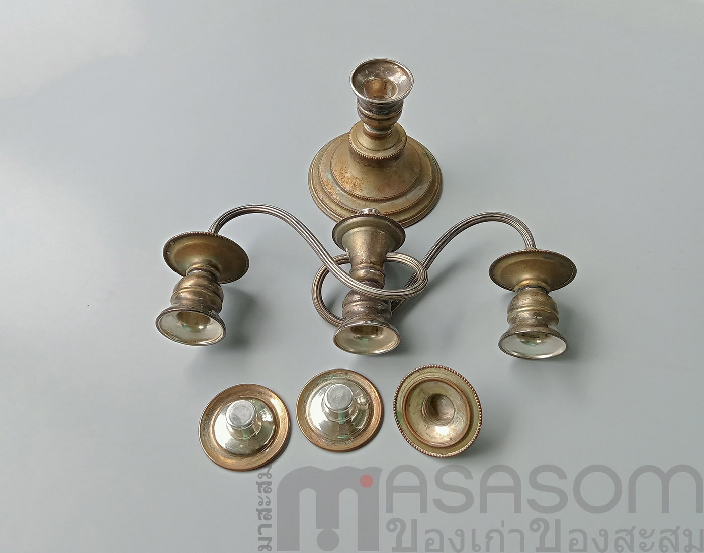 เชิงเทียนทองแดงกะไหล่เงิน