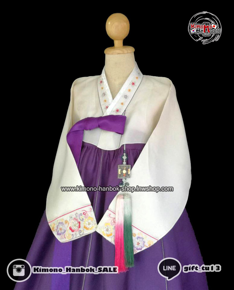 ชุดฮันบก เสื้อสีขาวครีม/กระโปงสีม่วง(M-L 36นิ้ว)