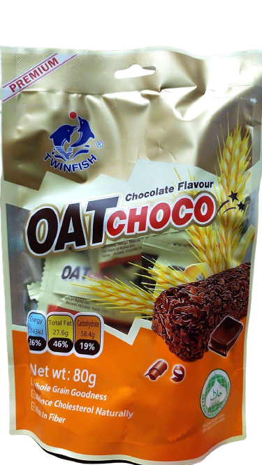 Oat Choco ขนมข้าวโอ๊ตอัดแท่ง ห่อเล็ก มี 4 รสชาติ ปริมาณ 80 กรัม เหมาะกับคนที่รักสุขภาพ อร่อย ครบรส รสชอคโกแลต Twinfish ข้าวโอ๊ตอัดแท่ง ธัญพืชจากธรรมชาติ พลังงานสูง ไขมันคอเลสเตอรอลต่ำ จุ่มนมหรือจิบชากาแฟมื้อเช้า บ่าย อร่อยทุกรส