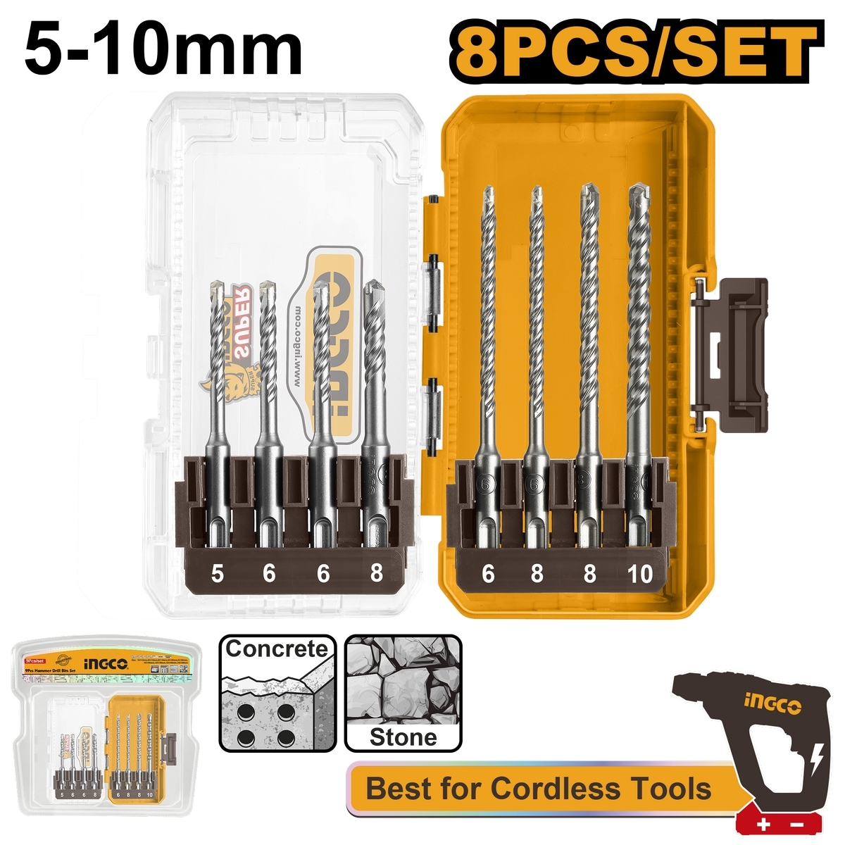 INGCO ชุดดอกสว่านโรตารี่ SDS-PLUS 8 ชิ้น รุ่น AKDL11806