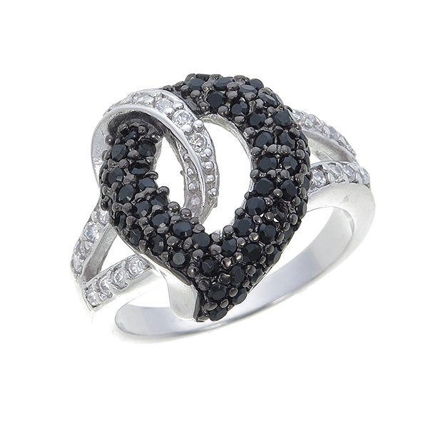 แหวนเพชร ตัวเรือนเงินแท้100% (เงินแท้92.5%) ประดับ เพชรCZ แหวนลายเส้นดัดเป็นทรงใบไม้ฝังเพชรกลมดำ เพิ่มดีเทลความเก๋คล้องห่วงกลมฝังเพชรกลมขาว บ่าข้างฉลุฝังเพชรกลมขาวแถวคู่ ดีไซน์เก๋แปลกตา