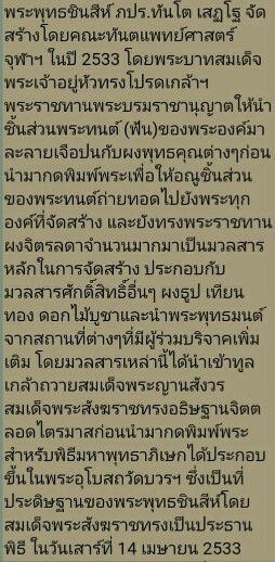 พระพุทธชินสีห์ ภปร. ทันโต เสฏโฐ ปี 2533 พิมพ์ใหญ่ มวลสารพระทนต์ในหลวงรัชกาลที่9 และ ผงจิตรลดา ฝังพลอยเสก พร้อมกล่องเดิม # D