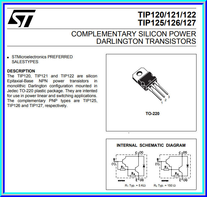 1x ทรานซิสเตอร์ TIP122 NPN ดาร์ลิงตัน 100V 5A (Transistor)