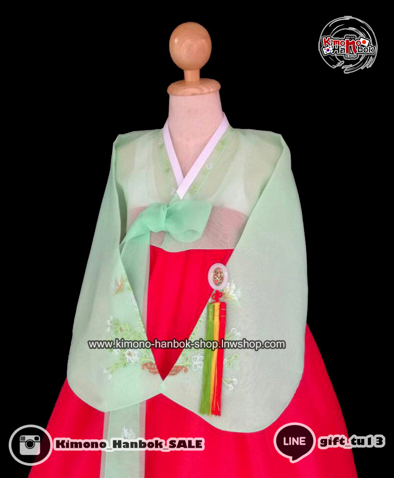 ชุดฮันบก เสื้อสีเขียวอ่อน/กระโปงสีแดง(M-L 36 นิ้ว)