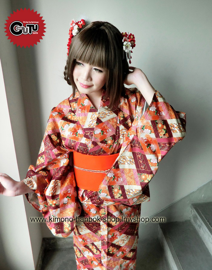 set.ยูกาตะ สีแดงส้มลายโบราณ01