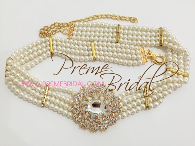 (พร้อมส่ง) เข็มขัดมุกแก้ว-สีทองเพชรใหญ่ รุ่น3