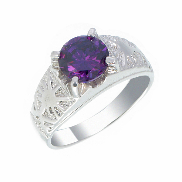 แหวนทองคำขาว ประดับเพชร CZ แหวนชูประดับพลอยกลมเหลี่ยมเกสรสีม่วง ดีไซน์หรู แหวนดูเลอค่า คลาสสิกสไตล์ เหมาะกับทุกไลฟ์สไตล์ทุกช่วงวัย