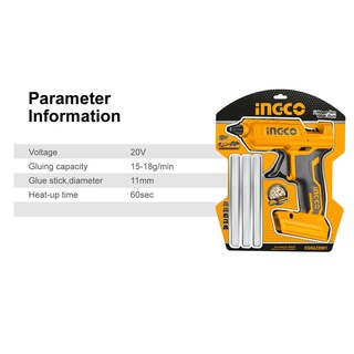 INGCO ปืนยิงกาวร้อน ไร้สาย 20V รุ่น CGGLI2001 (ตัวเปล่า)