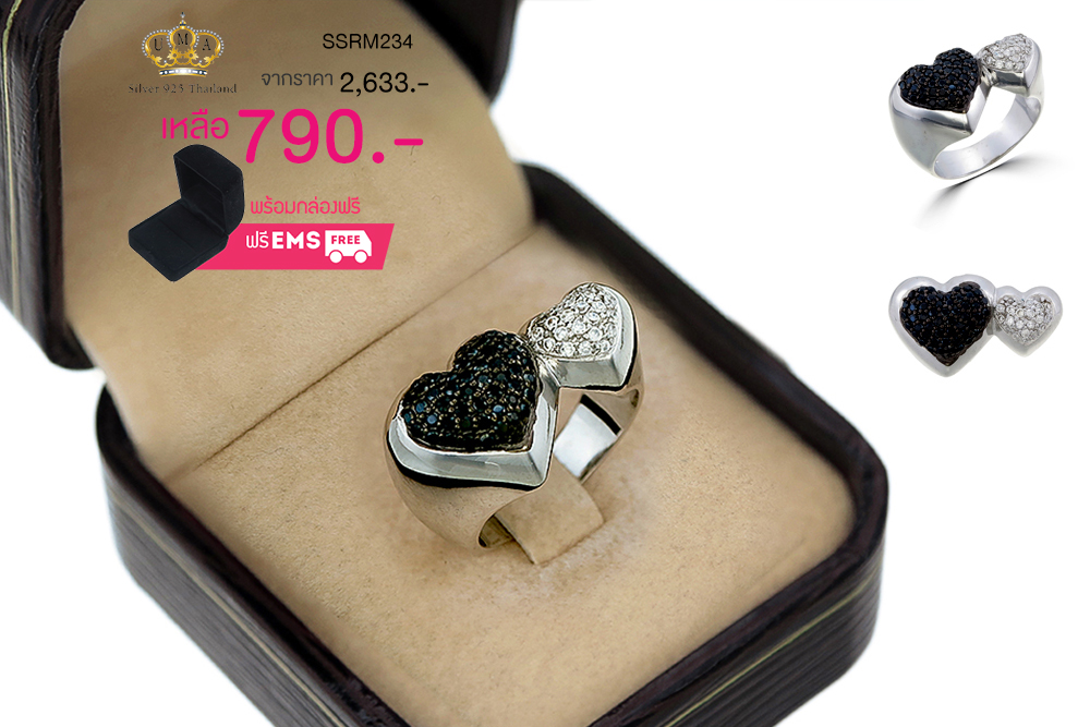 แหวนเพชร ตัวเรือนเงินแท้100% (เงินแท้92.5%) ประดับ เพชรCZ แหวนทรงหัวใจ2ดวง เน้นความโดดเด่นโดยการฝังเพชรกลมดำที่หัวใจ 1ดวงและฝังเพชรกลมขาว 1ดวง ดีไซน์เก๋ใส่สบายนิ้วมาก