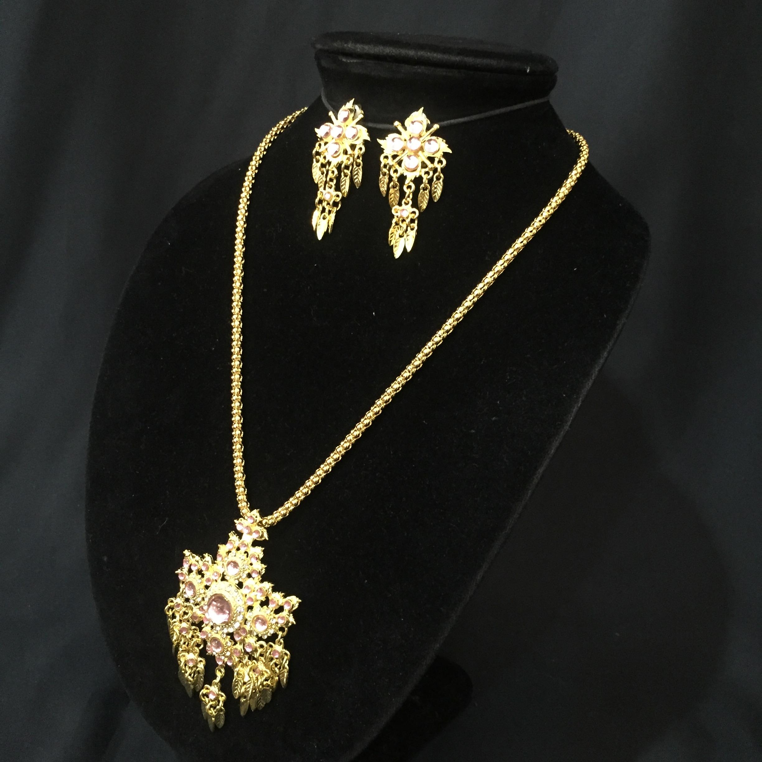 (พร้อมส่ง) เครื่องประดับไทยสร้อยคอ+ต่างหู 058 (หนีบ) สีชมพู