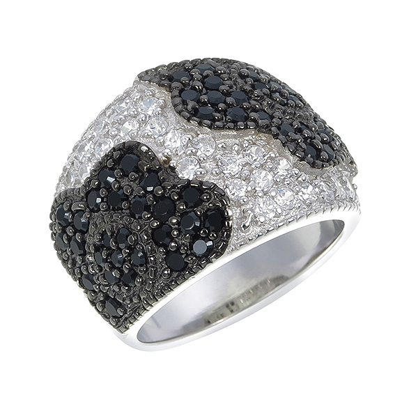 แหวนเพชร ประดับ เพชรCZ หน้าแหวนทรงใหญ่ฝังเพชรกลมขาว ตัวเรือนเงินแท้100% (เงินแท้92.5%) เพิ่มดีเทลลายดอกไม้ฝังเพชรกลมดำ งานสวยหรูหรา ดีไซน์ใหญ่อลังการ