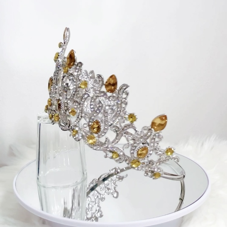 (พร้อมส่งจากไทย) มงกุฏ 114 สีเหลือง มงกุฎนางงาม มงกุฎเพชร สวยงามอลังการ ฐานมงวงกลมปรับได้