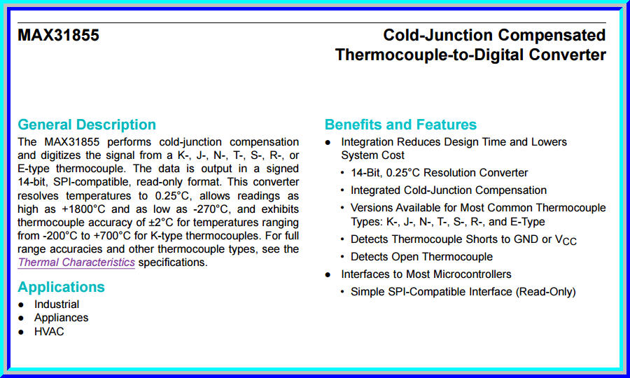 1x MAX31855 Cold-Junction Compensated Thermocouple-to-Digital Converter Module