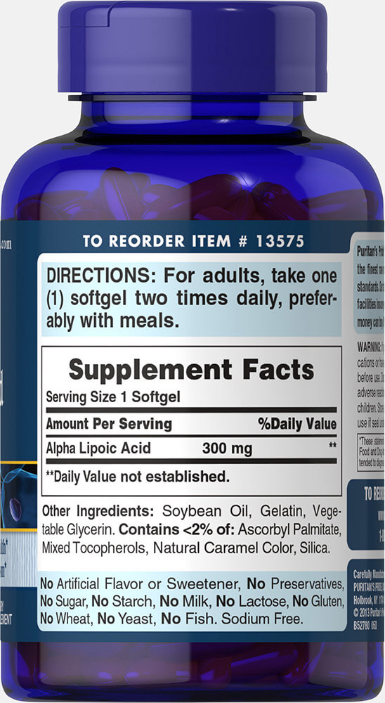 ผลิตภัณฑ์อาหารเสริม Puritan’s Pride Alpha Lipoic Acid 300 mg ขนาด 120 เม็ดเจล