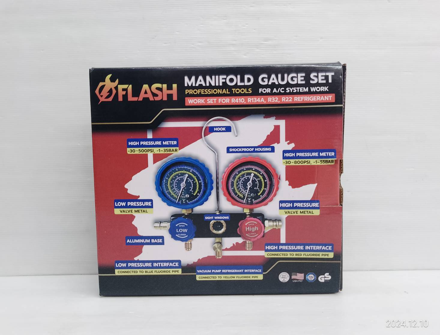 FLASH ชุดเกจวัดน้ำยาแอร์ พร้อมสาย 36 นิ้ว และอุปกรณ์ครบชุด R410, R32, R134A, R22 No.FS-AC002