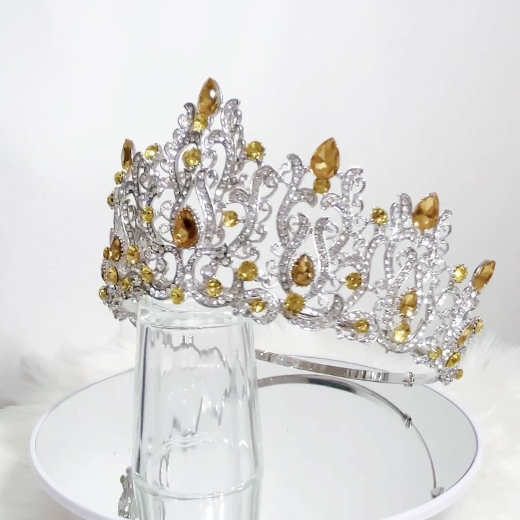 (พร้อมส่งจากไทย) มงกุฏ 114 สีเหลือง มงกุฎนางงาม มงกุฎเพชร สวยงามอลังการ ฐานมงวงกลมปรับได้