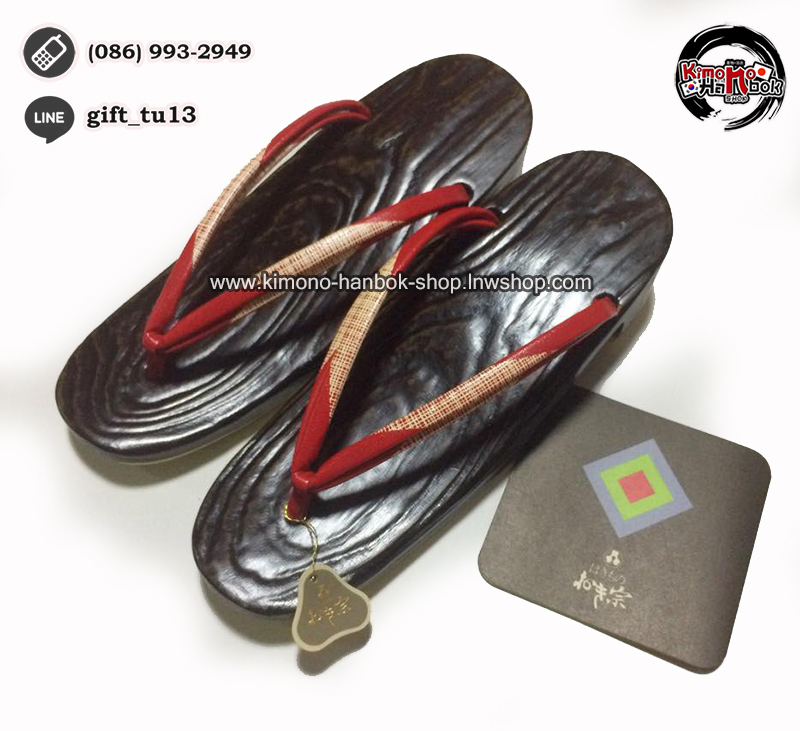รองเท้าเกี๊ยะไม้ญี่ปุ่น พื้นไม้สีเข้ม หูสีแดง Size23cm