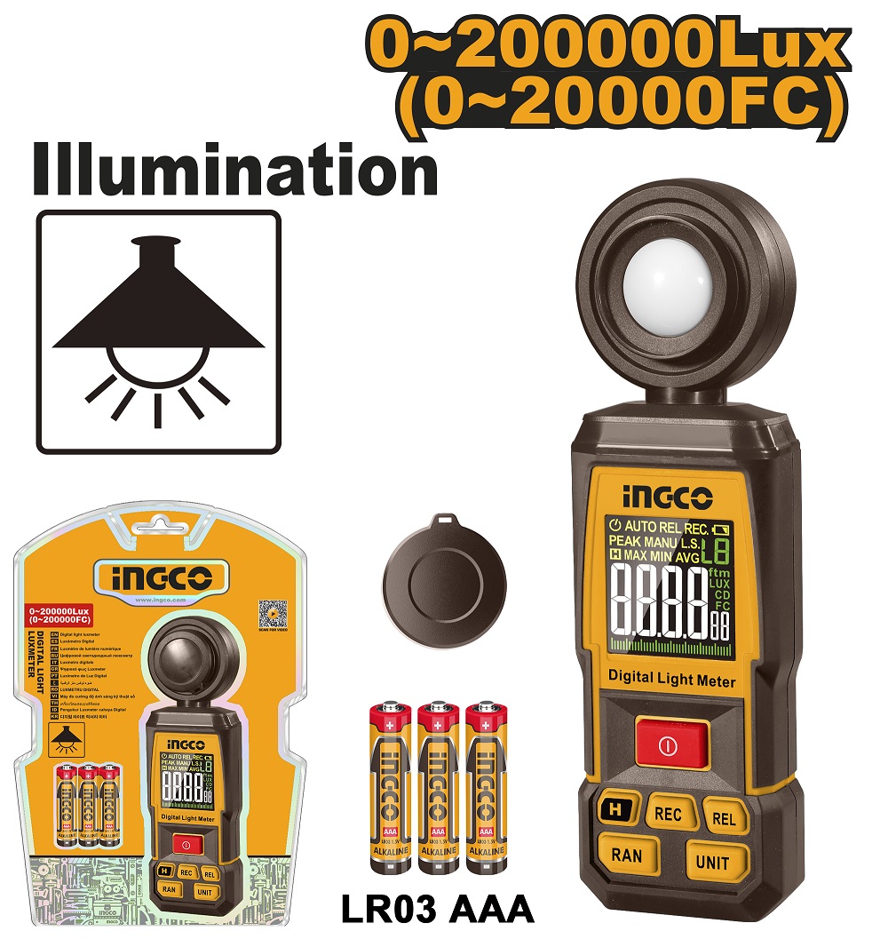 INGCO เครื่องวัดแสงสว่างดิจิตอล รุ่น HETLU031 ช่วงการวัดแสง 0-200000 Lux จอแสดงผลแบบ LCD Black light