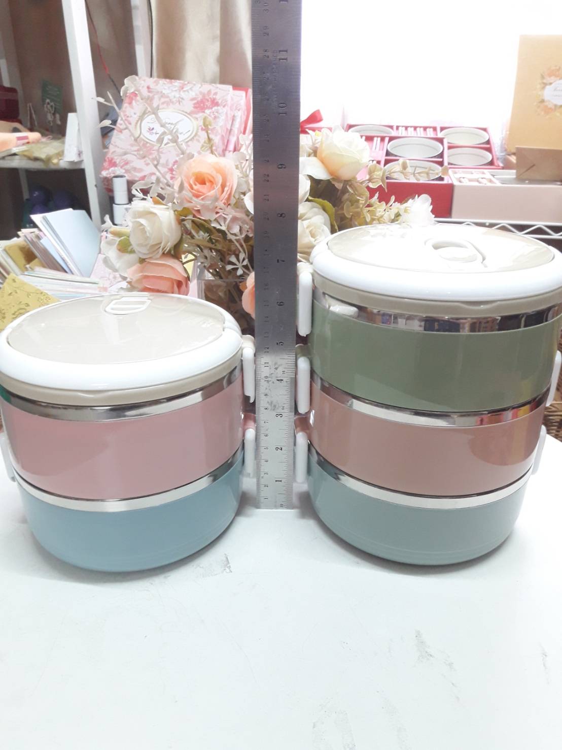 ปิ่นโตสแตนเลส สีพาสเทล แบบ 2 ชั้น แพคเกจถุงผ้าแก้ว