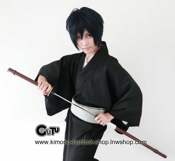 Set. กิโมโน(หน้าร้อน)ชาย+ฮากามะ สีขาว-ดำ