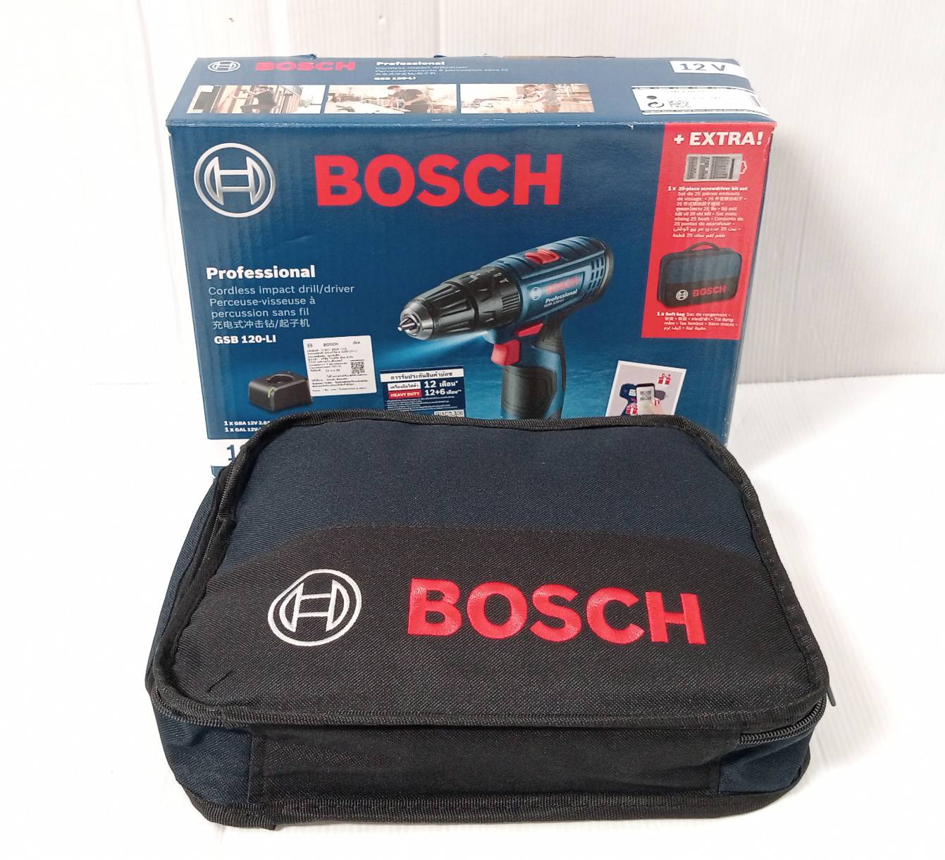 สว่านกระแทกไร้สาย GSB120-Li BOSCH ชุดกระเป๋าผ้า 06019G81K6