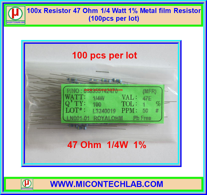 100x ตัวต้านทาน 47 Ohm 1/4 Watt 1% Metal film Resistor