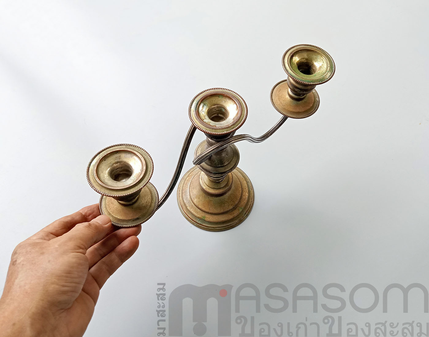 เชิงเทียนทองแดงกะไหล่เงิน