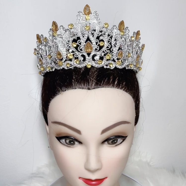 (พร้อมส่งจากไทย) มงกุฏ 114 สีเหลือง มงกุฎนางงาม มงกุฎเพชร สวยงามอลังการ ฐานมงวงกลมปรับได้