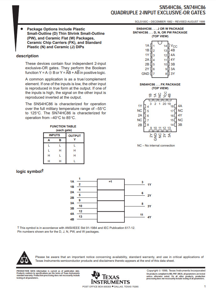 1x SN74HC86N ไอซี Exclusive-OR-GATE ยี่ห้อ TEXAS INSTRUMENTS