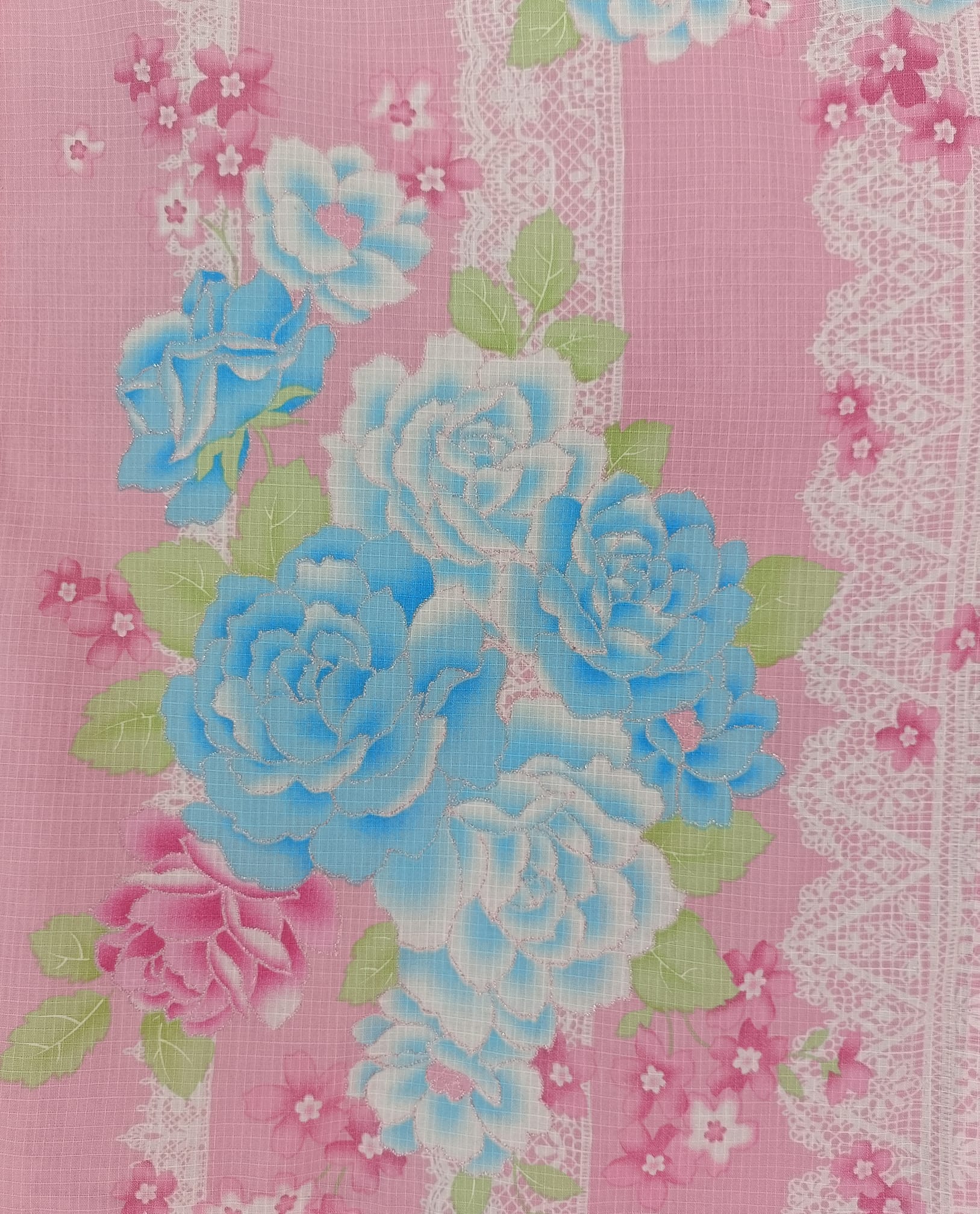 ยูกาตะชมพูลายกุหลาบ01 *เดินเส้นกากเพชร