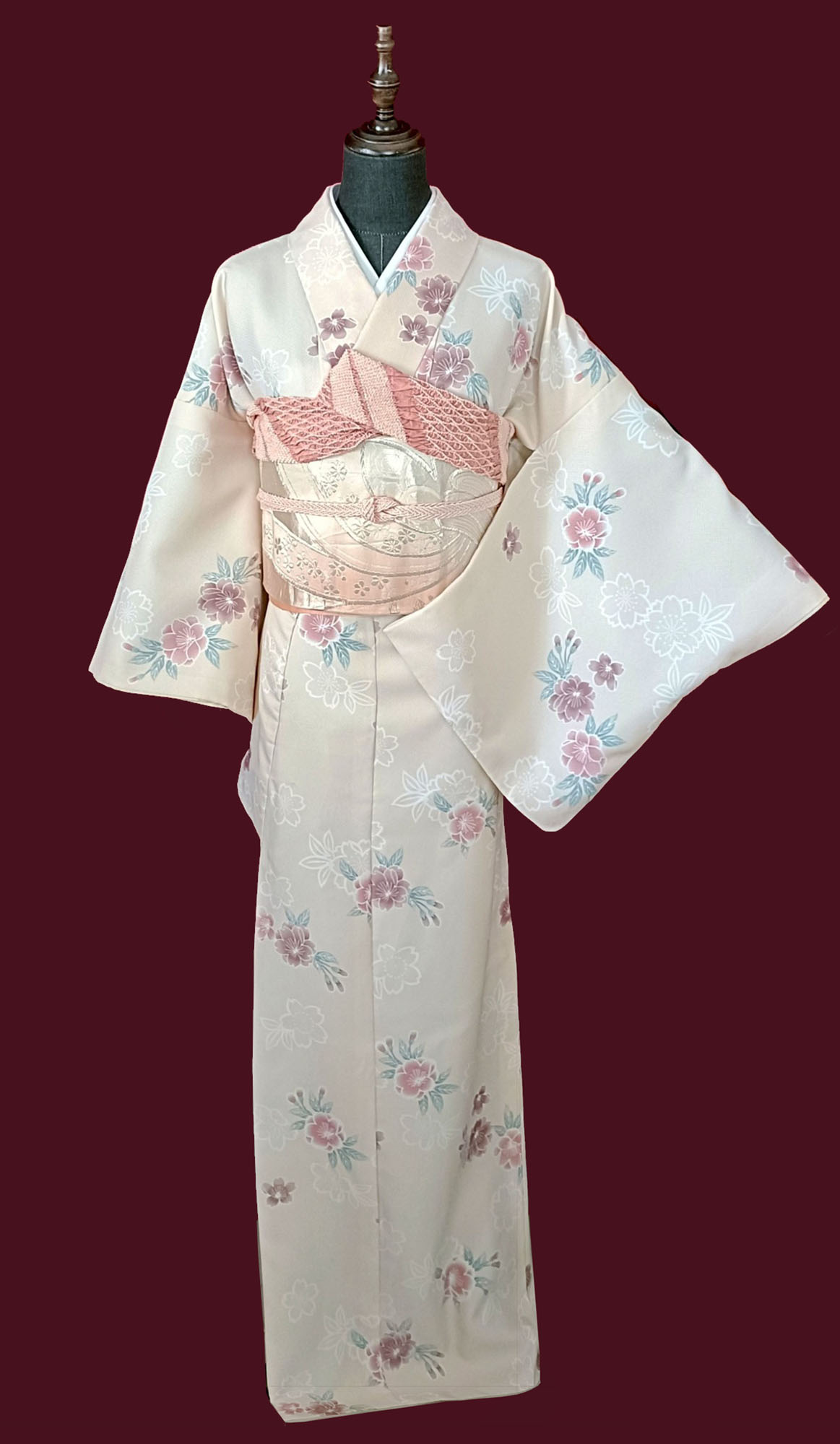 set ชุดกิโมโนสีครีม ลายซากุระ013