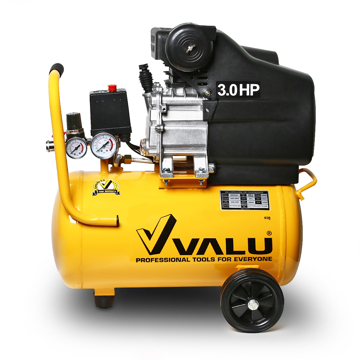 VALU ปั๊มลมขับตรง มอเตอร์ 3 แรงม้า (2200 วัตต์) ถัง 24 ลิตร รุ่น BM2024