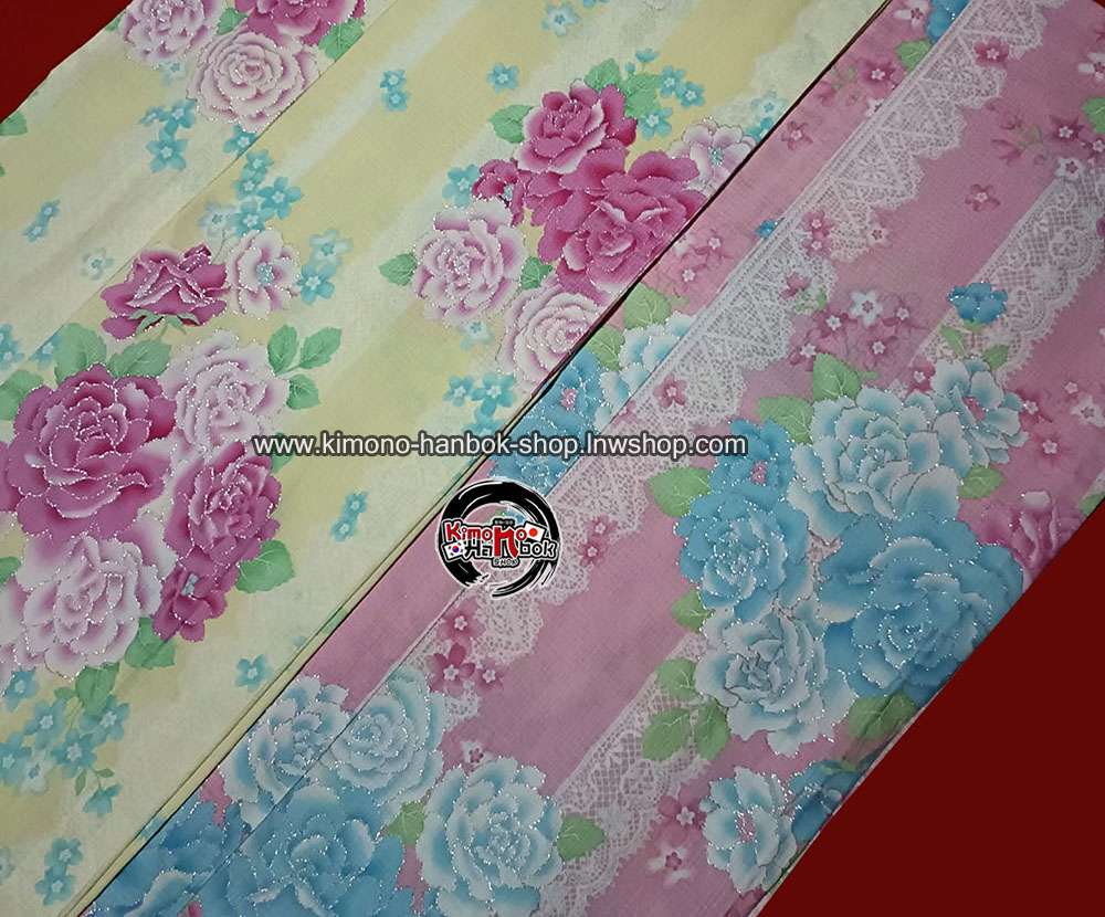 ยูกาตะชมพูลายกุหลาบ01 *เดินเส้นกากเพชร