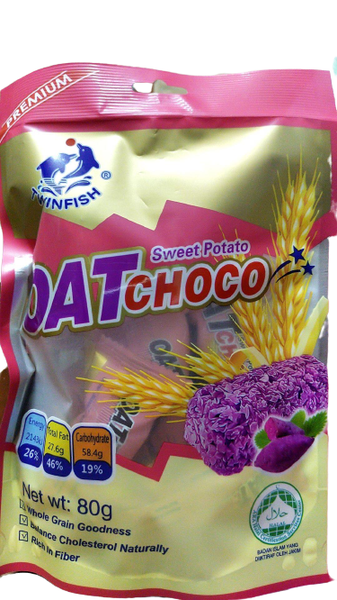 Oat Choco ขนมข้าวโอ๊ตอัดแท่ง ห่อเล็ก มี 4 รสชาติ ปริมาณ 80 กรัม เหมาะกับคนที่รักสุขภาพ อร่อย ครบรส รสมันม่วงหวาน Twinfish ข้าวโอ๊ตอัดแท่ง ธัญพืชจากธรรมชาติ พลังงานสูง ไขมันคอเลสเตอรอลต่ำ จุ่มนมหรือจิบชากาแฟมื้อเช้า บ่าย อร่อยทุกรส