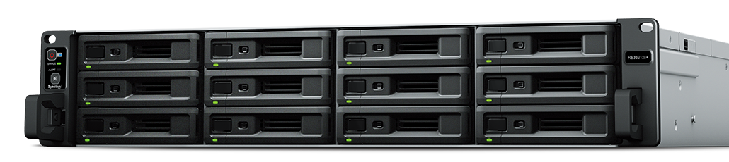 Synology DiskStation RS3621xs+: 12-bay RackStation (up to 36-bay), Eight Core 2.1 GHz (16 threads - turbo to 2.7GHz), 8GB RAM (up to 64GB), 2x10GbE Base T, Redundant power